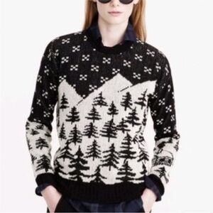 J.Crew Black and White Mountain Tree Pattern Crewneck Sweater